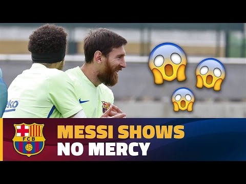 Leo Messi nutmegs his own teammate during a training drill